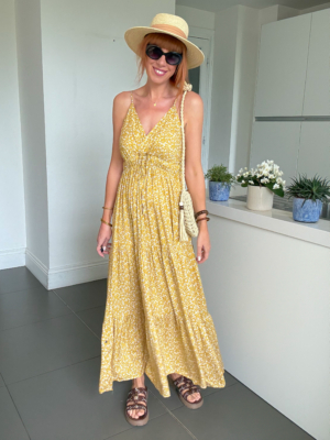 Alice robe fines bretelles imprimé jaune
