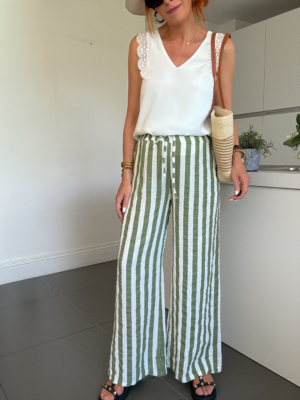 Aroon pantalon gaze de coton rayé kaki