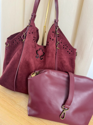Grand sac suédine bordeaux + pochette et bandoulière amovible