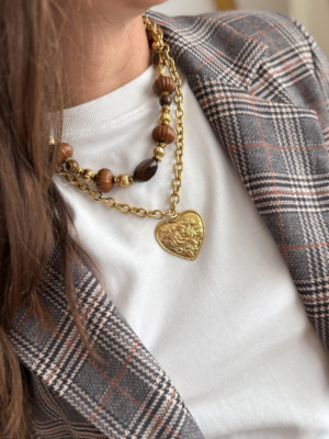Collier double marron et cœur